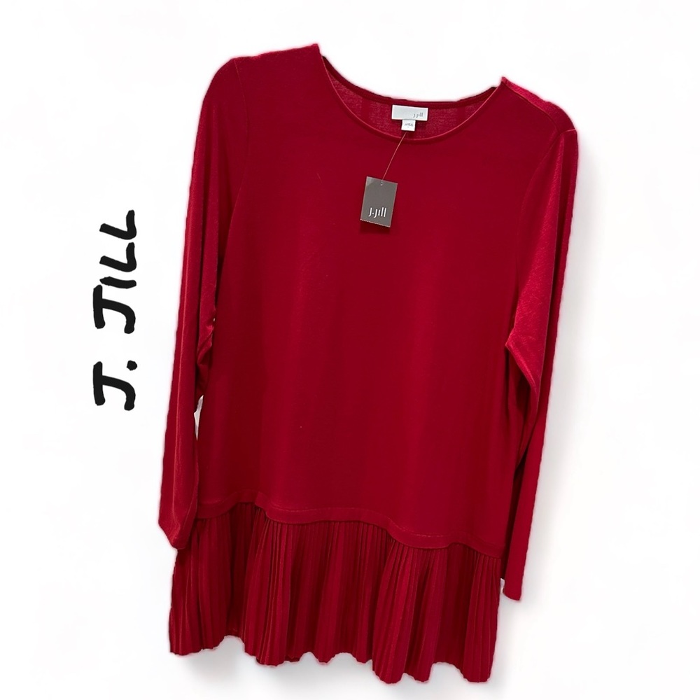 J. Jill Red Tunic with Pleated Border Long Sleeved Size L   NWT